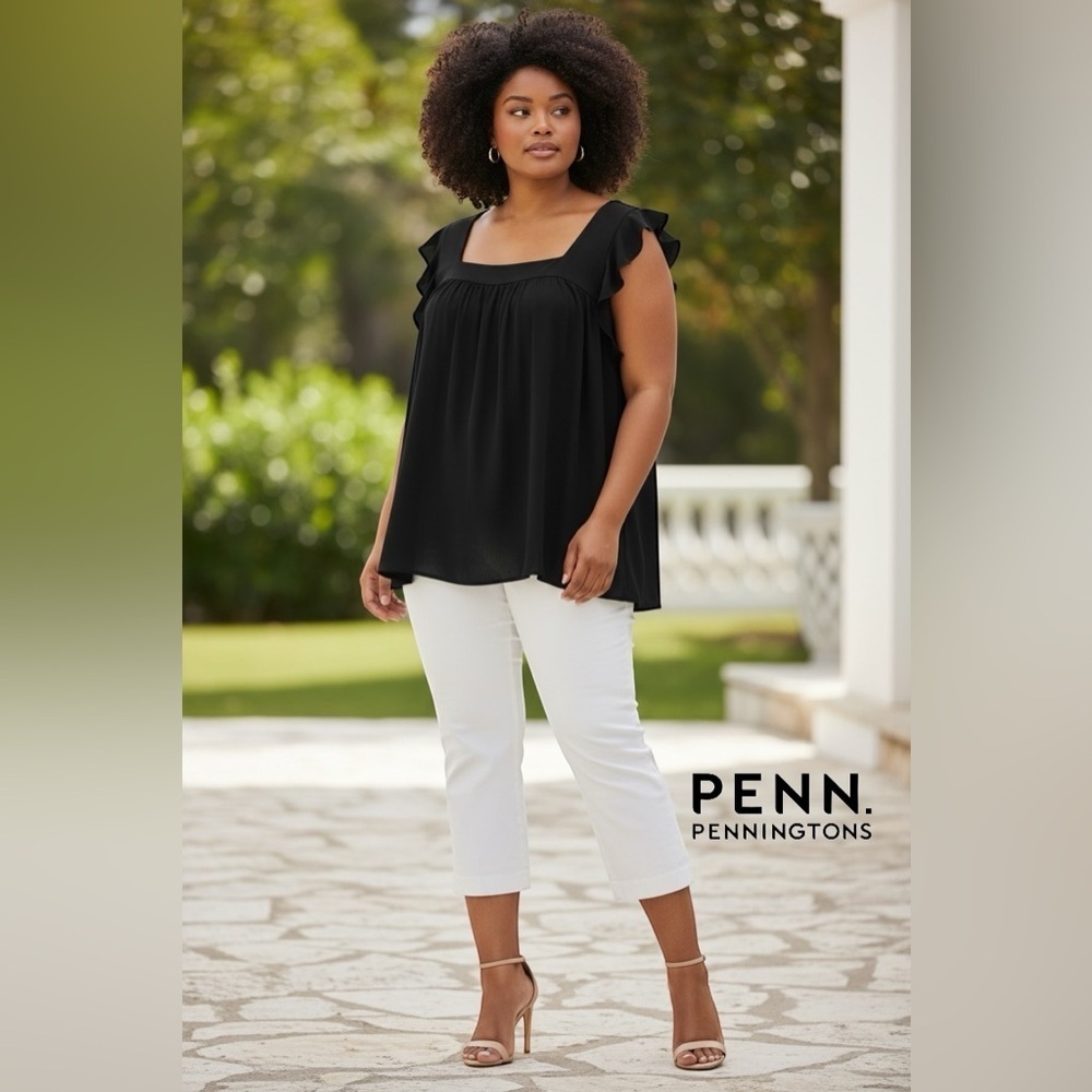 Penningtons – Plus Size Black Flutter Sleeve Square Neck Blouse – 2X